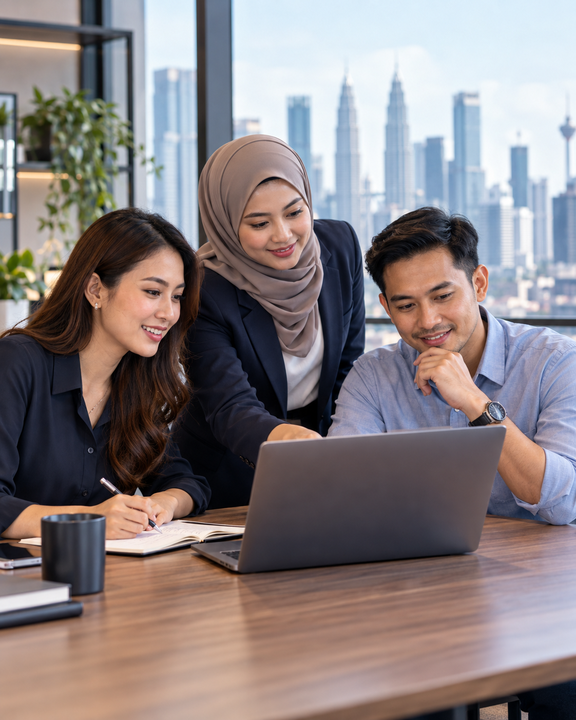 Three Malaysian business professionals collaborating around a laptop in a bright Kuala Lumpur office